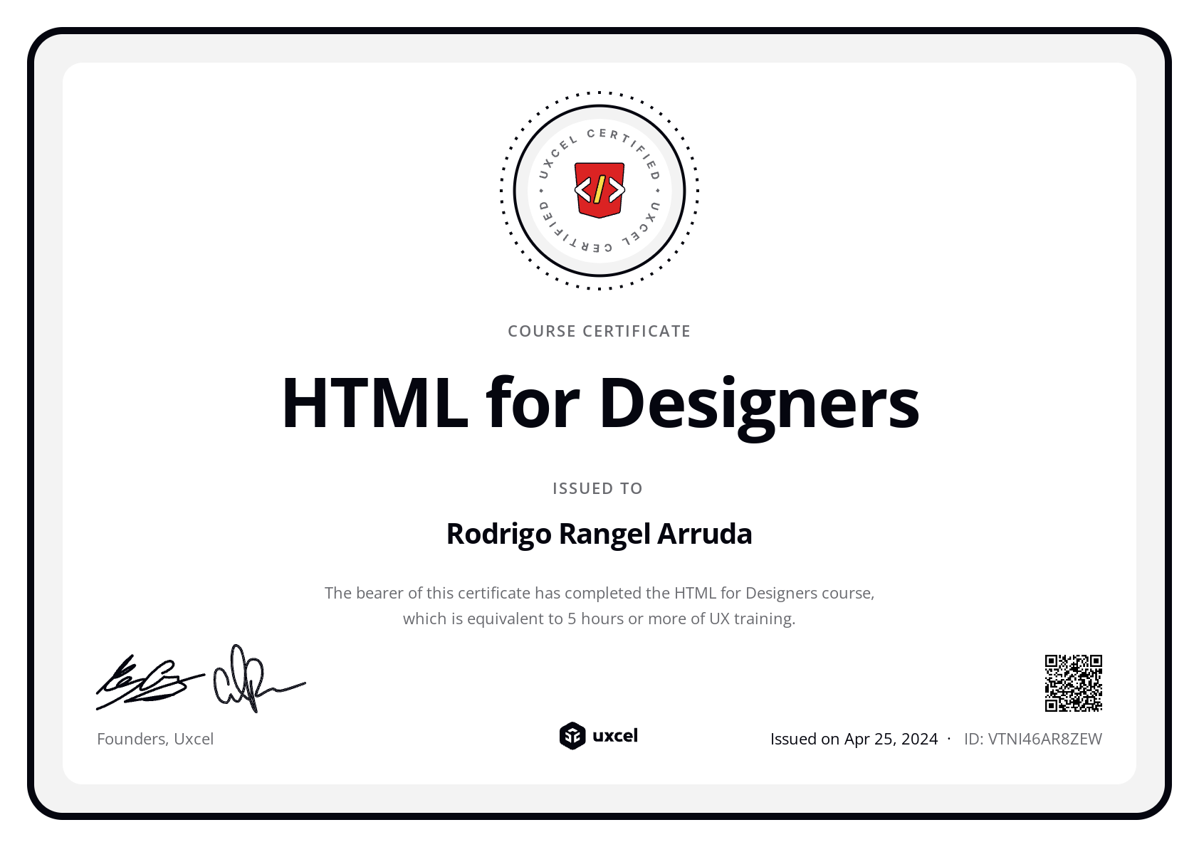 Rodrigo Rangel Arruda's certificate
